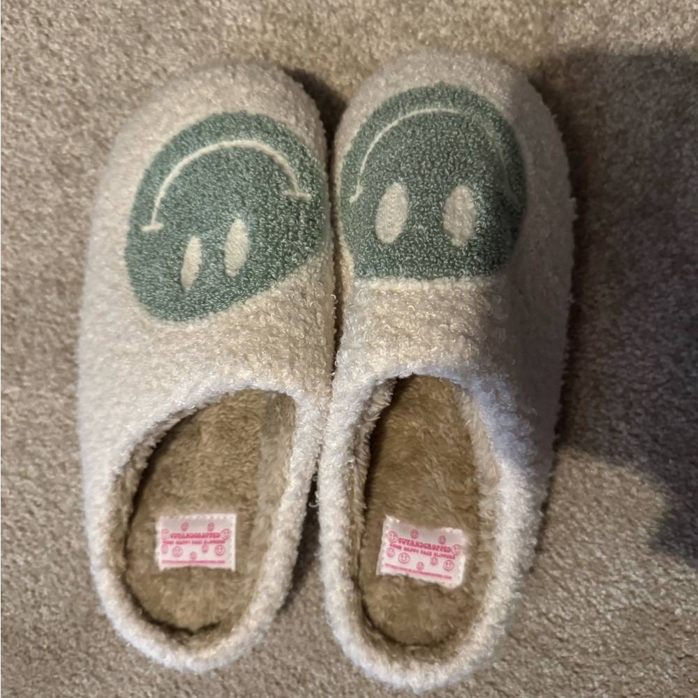 Cozy Cream Slippers with Green Smiley Face